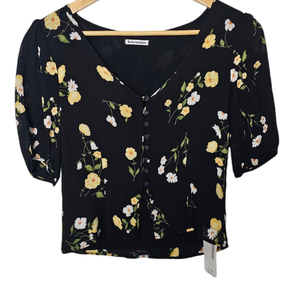 Reformation Benton Top Piazza Blouse Black Yellow Button Size XS